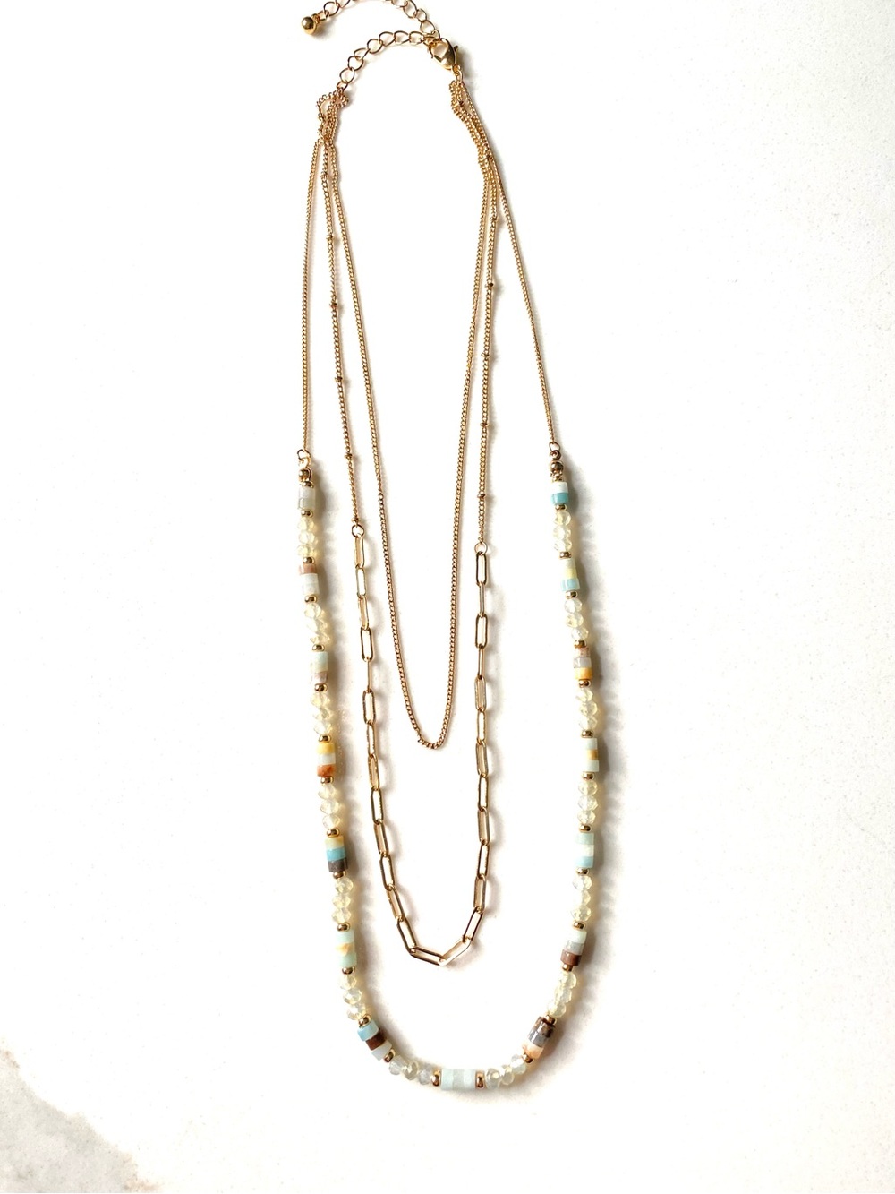 Gold Layered Necklace with Cream and Light Blue Beads
